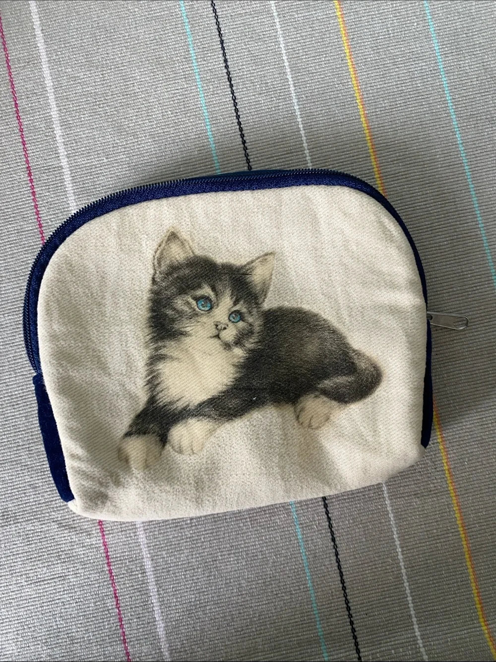 Complete Blue Velvet & Canvas Cat Kitten Print Accessory Pouch Bag Set